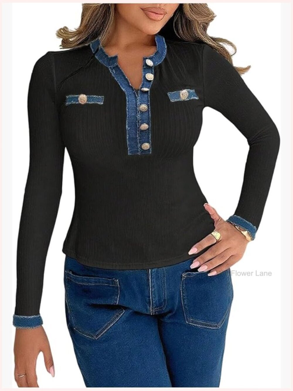 Elegant Button Front Long Sleeve Tops Dressy Casual Notch Neck Fitted T-Shirts